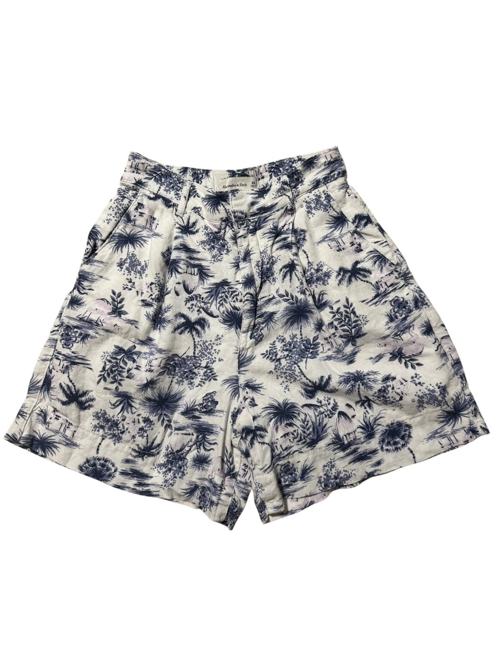 Abercrombie & Fitch Linen Blend Coastal Chic Shorts Blue Palm Toile Print XS